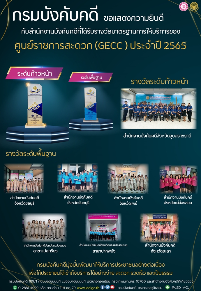 กรมบังคับคดีขอแสดงความยินดีกับสำนักงานบังคับคดีที่ได้รับรางวัลมาตรฐานการให้บริการของศูนย์ราชการสะดวก (GECC) ประจำปี 2565